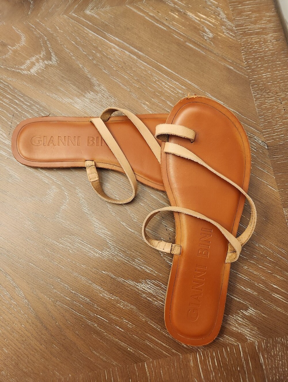 Gianni Bini Cognac Leather Strappy Slide Sandals